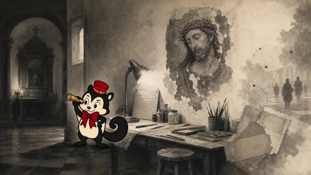 Momo examines a weathered devotional wall painting as its material history gives way to a web of visitors and memories