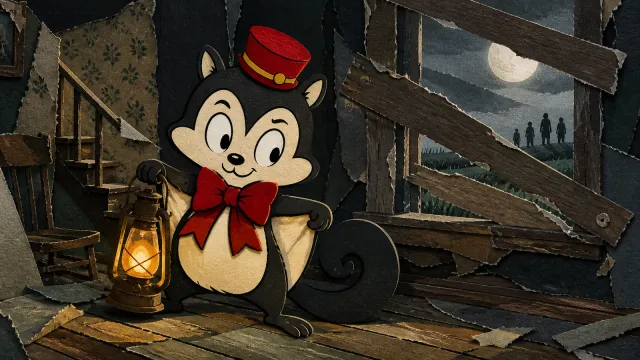 Momo holds a small amber lantern inside a monochrome paper farmhouse while shadowy figures approach the boarded windows