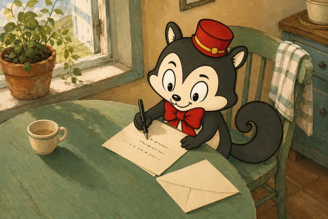 Momo writes a letter at a green kitchen table beside a cup, an envelope and a plant on the windowsill.