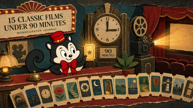 Momo holds a glowing cinema ticket beside a 90-minute clock while fifteen paper film choices line the usher's desk