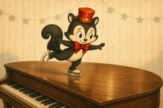Momo skates across the closed lid of a piano, with the keys visible below. An imagined scene.