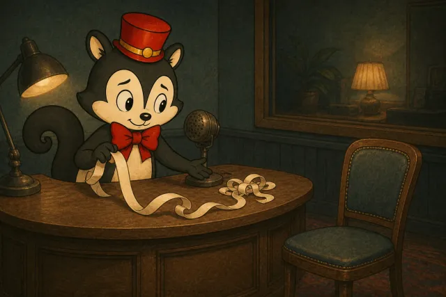 Momo holds a curling paper ribbon beside a microphone, with a tangle on the desk and an empty chair opposite. An imagined scene.