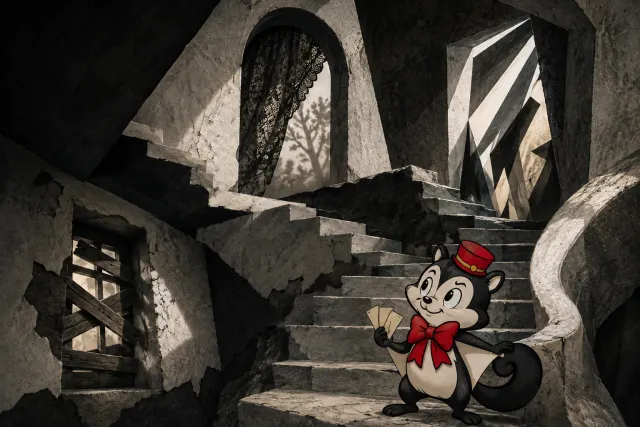 Momo holds three tickets below a staircase leading to skewed shadows, a lace curtain and a boarded window.