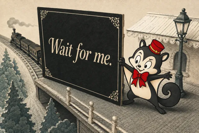 Momo steps around a large intertitle reading Wait for me as a little train leaves a paper railway platform.