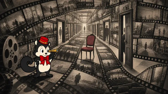 Momo watches doors, figures and an empty chair rearrange the centre of a film-strip corridor