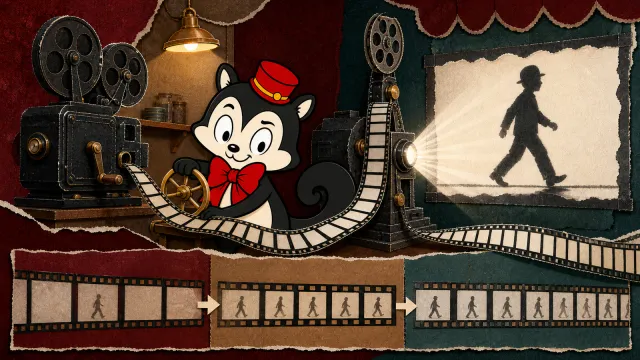 Momo turns a hand-cranked camera beside a projector while three film strips show a walking figure at different cadences