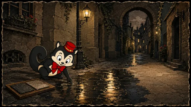 Momo compares wet and dry paving beside a dark street with bright reflections from a lamp.