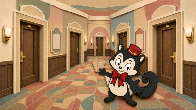 Momo offers an open hand in a pastel paper cinema lobby while holding two tickets beside five auditorium doors receding into the distance