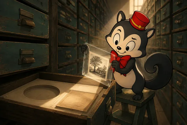 Momo studies a surviving photographic image beside an empty archive drawer.