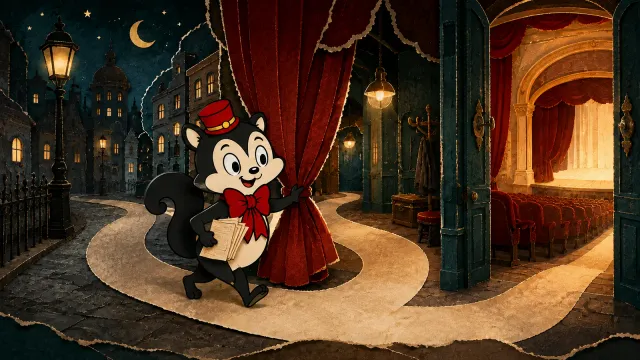 Momo opens a curtain along a continuous path connecting a theatre and a city street.