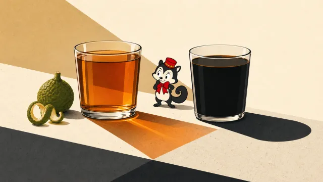 Momo compares a translucent amber cup of tea with opaque black coffee beside a bergamot fruit