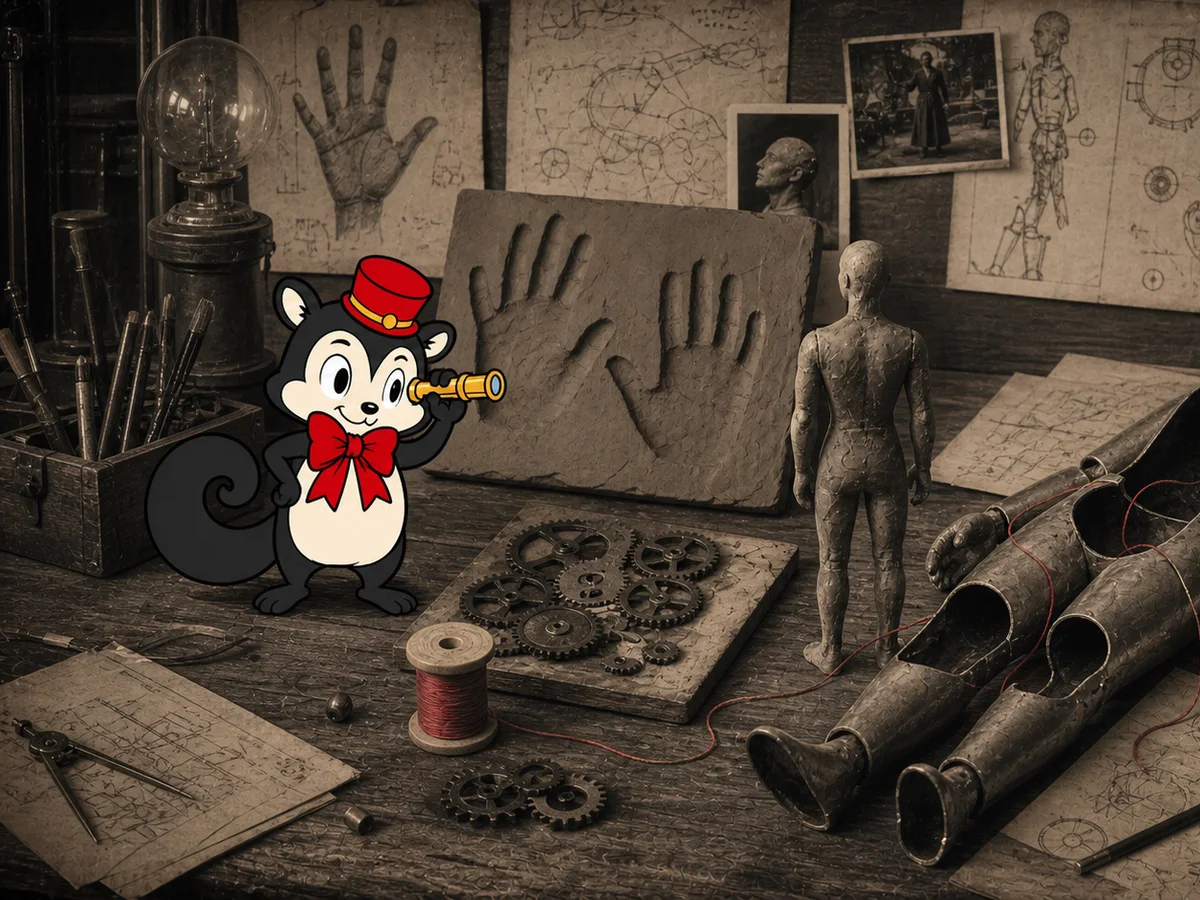 Momo examines clay handprints, gears and a mechanical body joined by a thin red thread