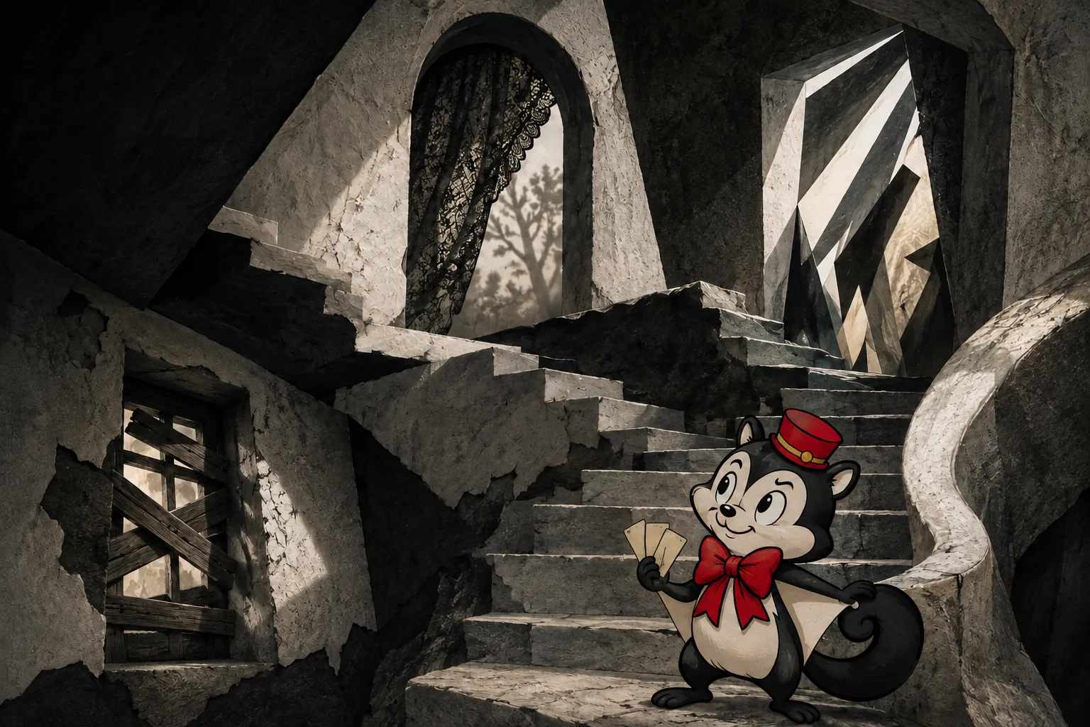 Momo holds three tickets below a staircase leading to skewed shadows, a lace curtain and a boarded window.