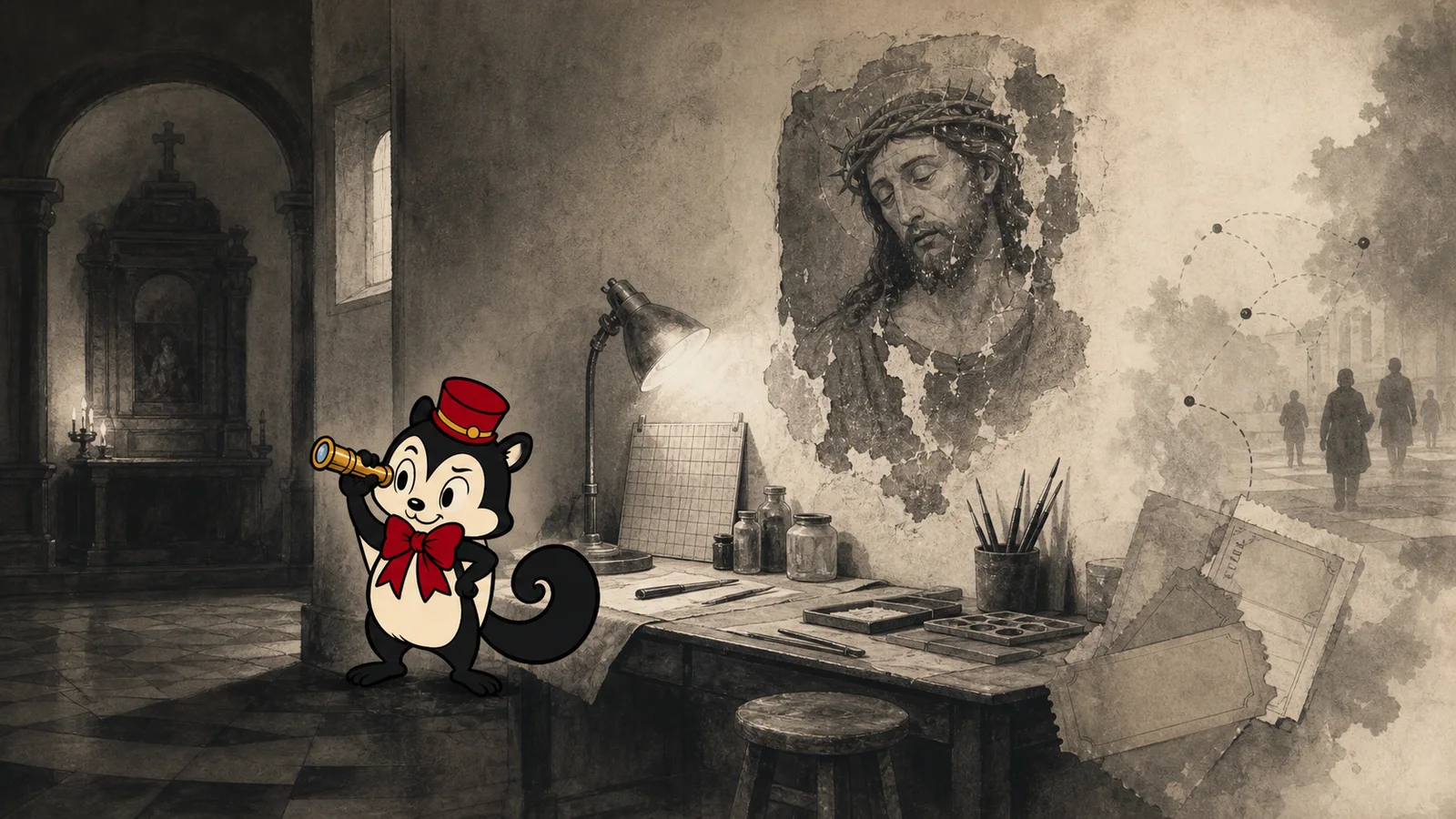 Momo examines a weathered devotional wall painting as its material history gives way to a web of visitors and memories