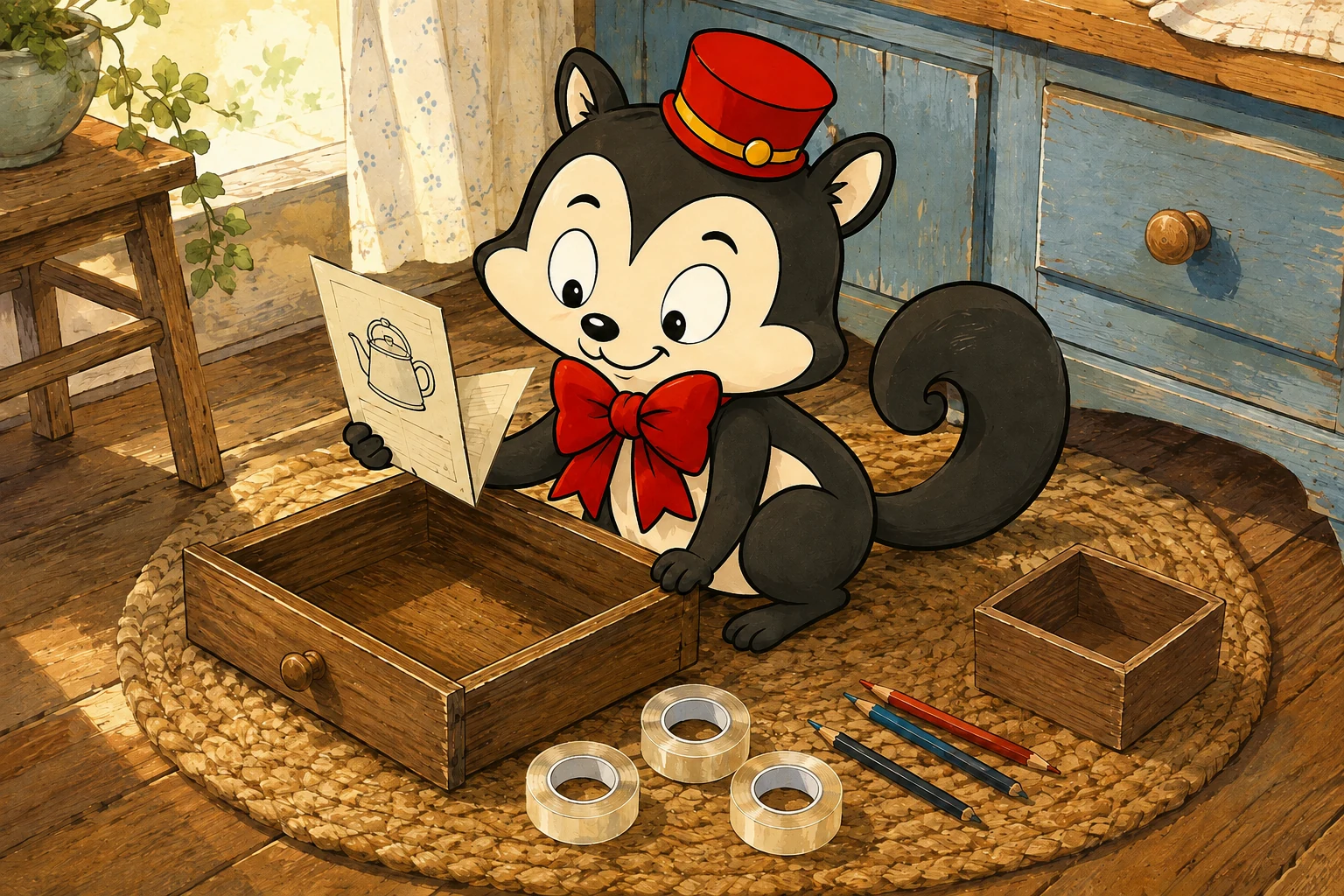 Momo sorts a kitchen drawer, finding three rolls of sticky tape and an old booklet with a kettle on the cover.