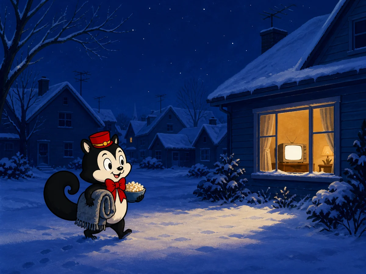 Momo carries a blanket and popcorn across a snowy neighbourhood towards one warmly lit television window