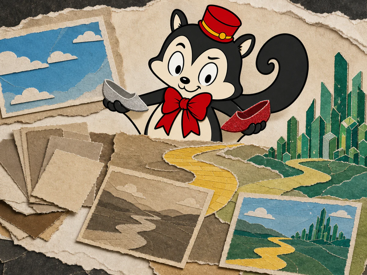 Momo compares a silver paper shoe with a ruby-red one above a yellow path and an abstract emerald city