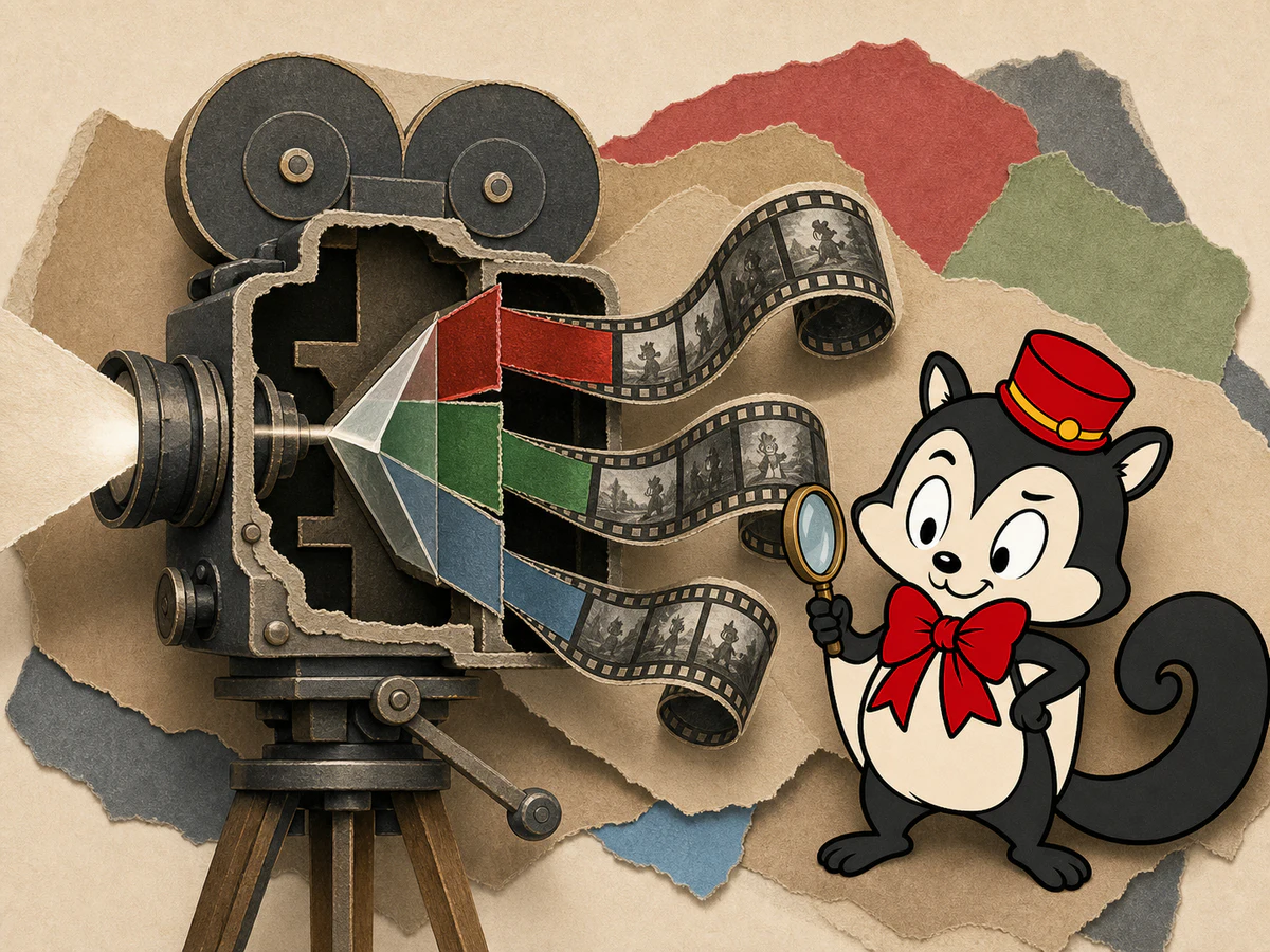 Momo uses a magnifying glass to examine three monochrome film strips passing through coloured filters inside a vintage camera