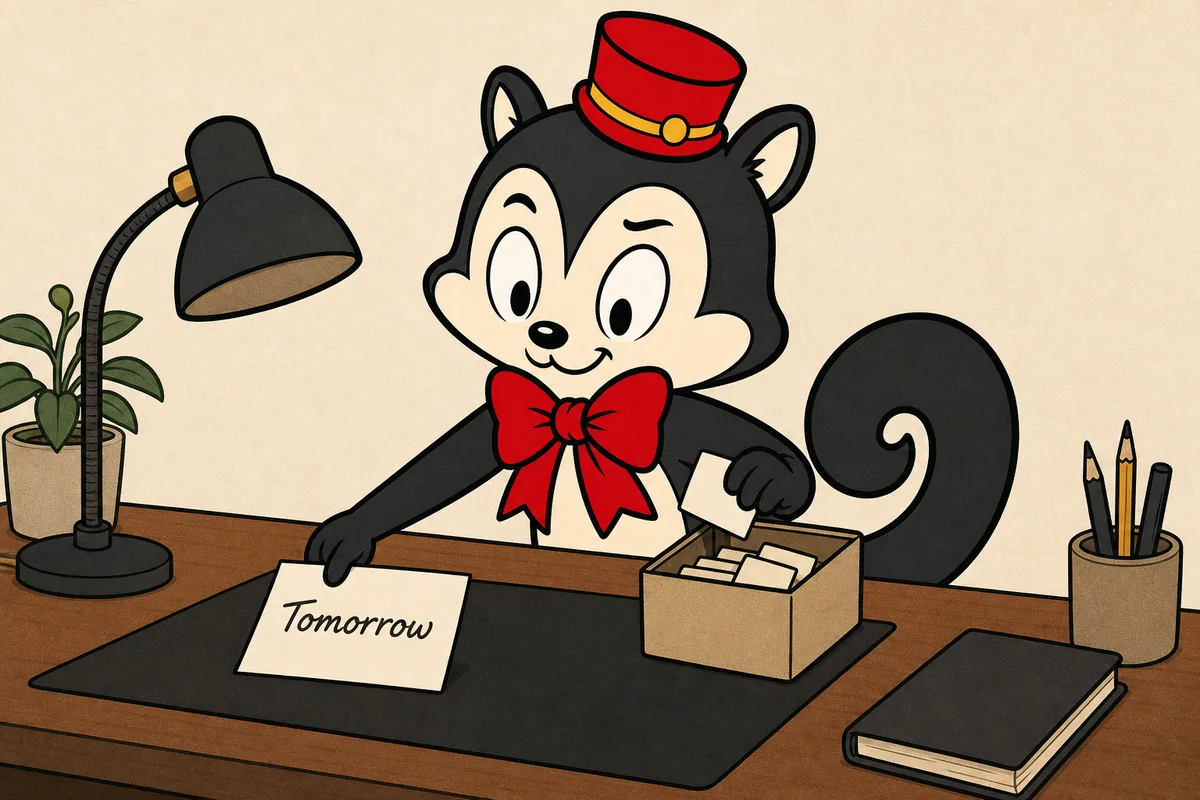 Momo placing a note marked Tomorrow on a desk while putting work notifications into a small box