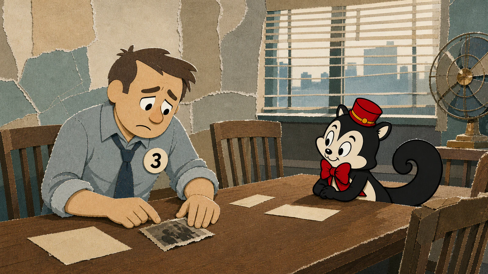 Juror 3, identified by a round number badge, looks down at a family photograph while Momo listens across the jury table