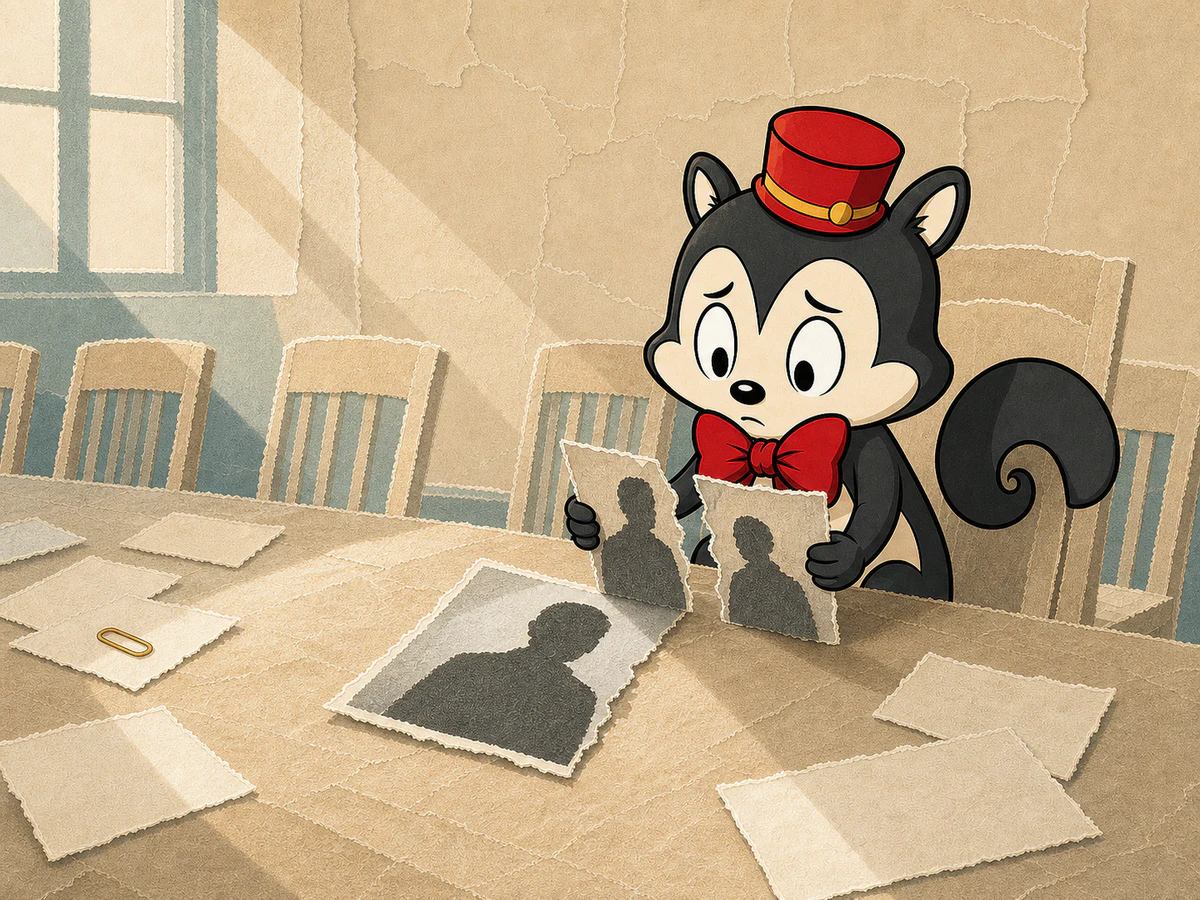 Momo studies torn family portraits and blank ballots in the daylight of an empty jury room