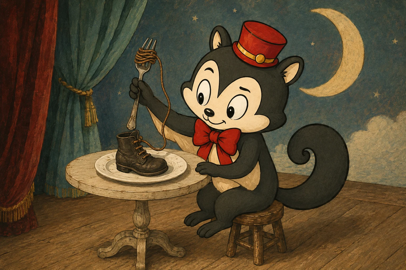 Momo performs an imagined stage gag, winding a bootlace around a fork above a boot on a dinner plate.