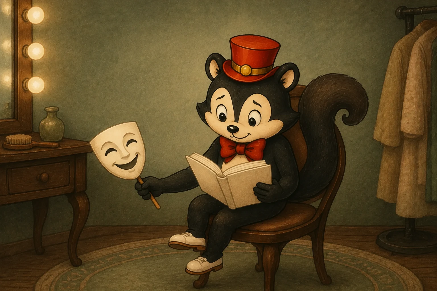 Momo reads an open book while holding a smiling theatre mask away from the face. An original imagined scene.