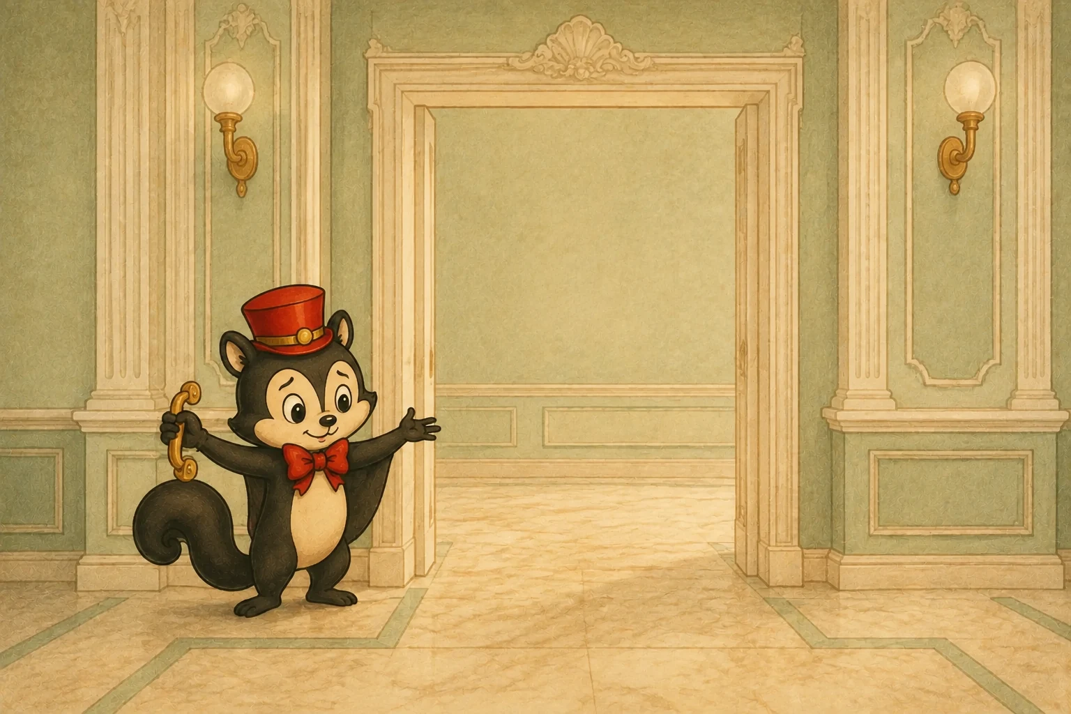 Momo holds a detached door handle beside an empty doorway and gestures towards the open passage. An imagined scene.