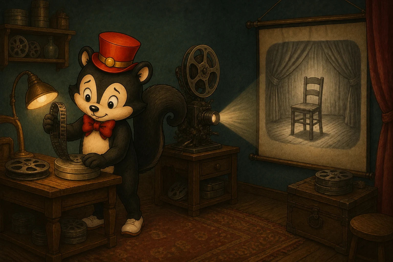 Momo examines a strip of film while an old projector shows an empty chair on a screen. An original imagined scene.