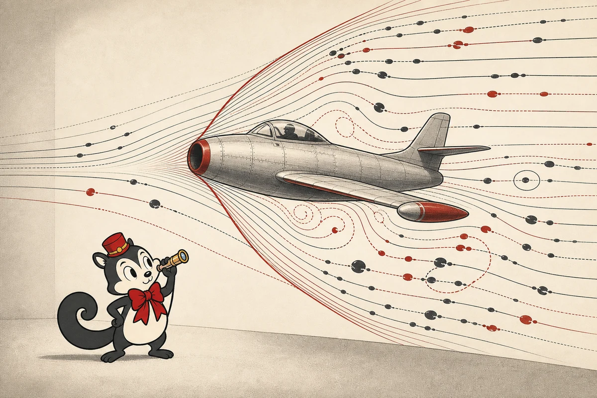 Momo studies the compressed flow lines and shock front around a mid-century jet