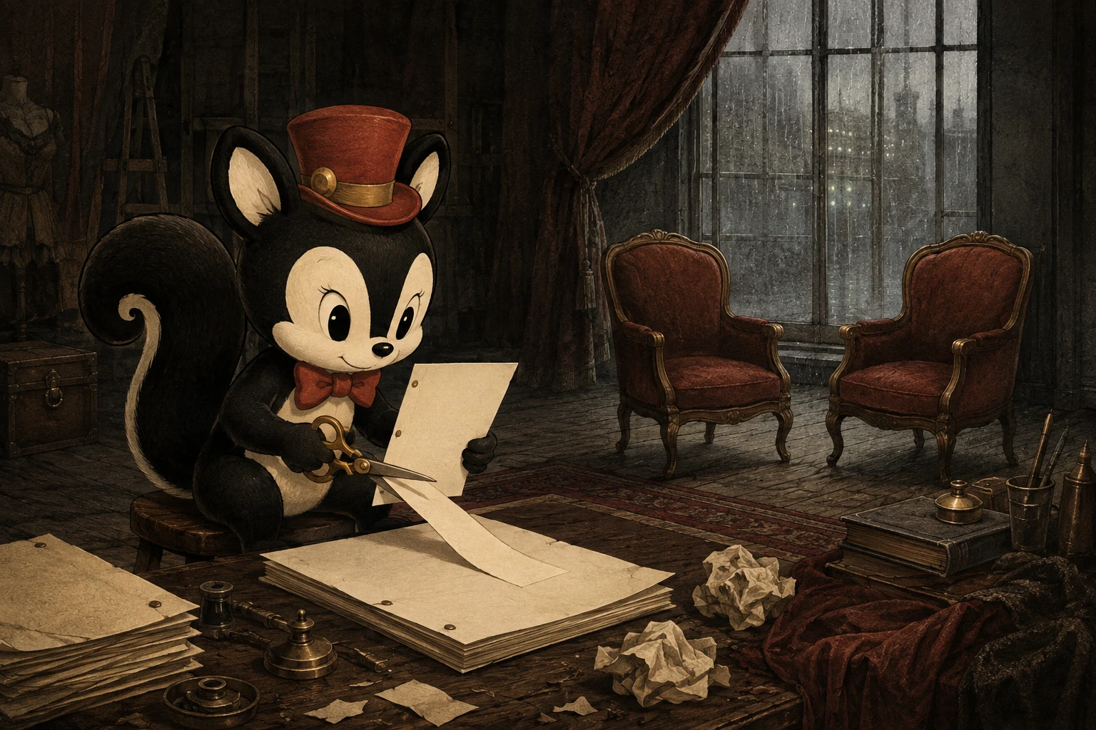 Momo cuts a blank script page beside two empty chairs and a rain-streaked window. An original imagined scene.