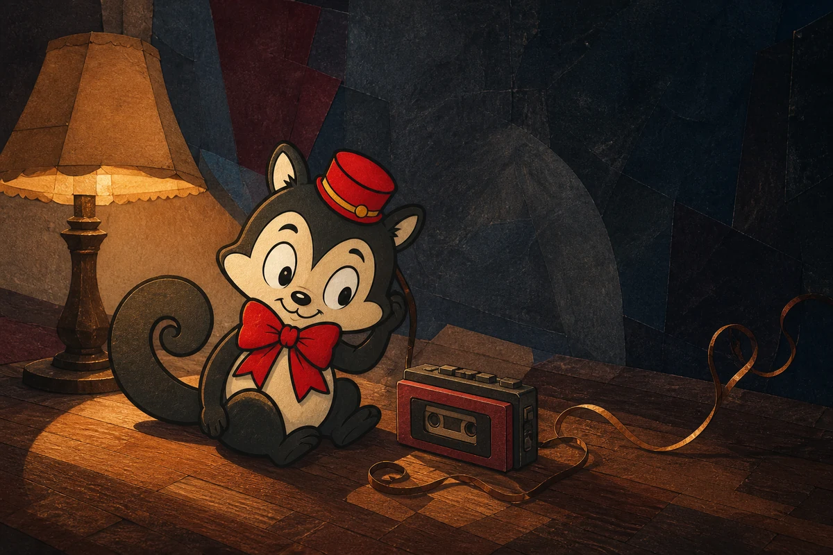 Momo sits beside a cassette player and listens as a loose ribbon of tape catches the lamplight