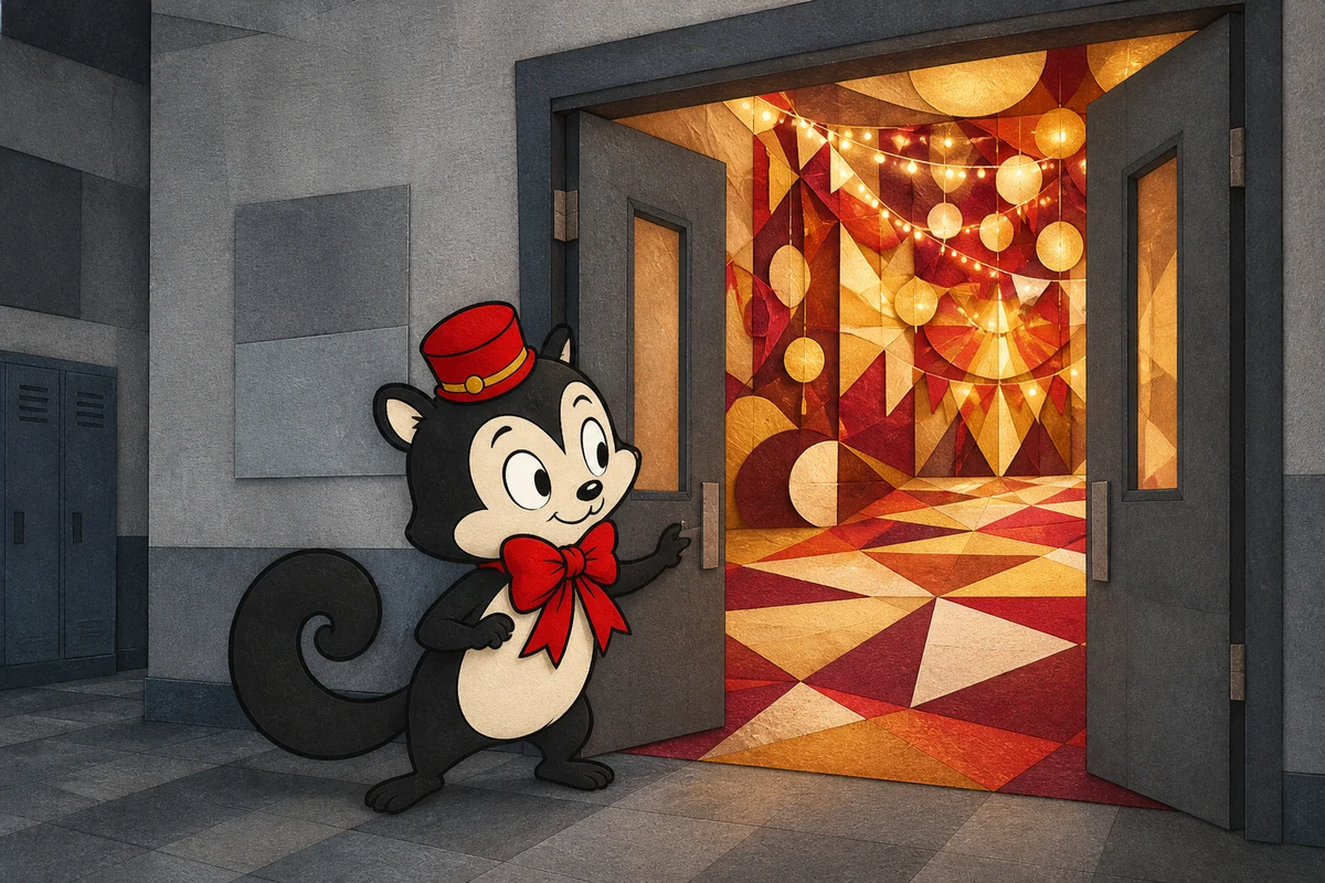 Momo opens the doors of a grey school corridor on to an empty hall transformed by warm lights and colour
