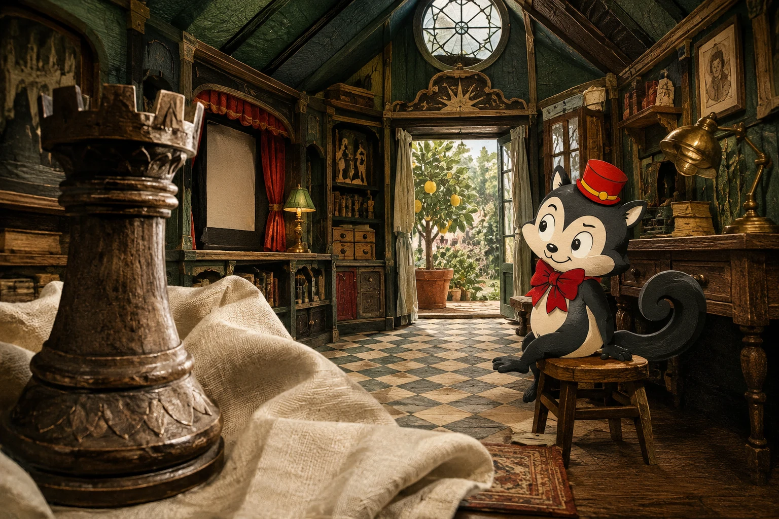 Momo sits in a film workshop, with a chess piece close to us and a sunlit garden visible through the open door.
