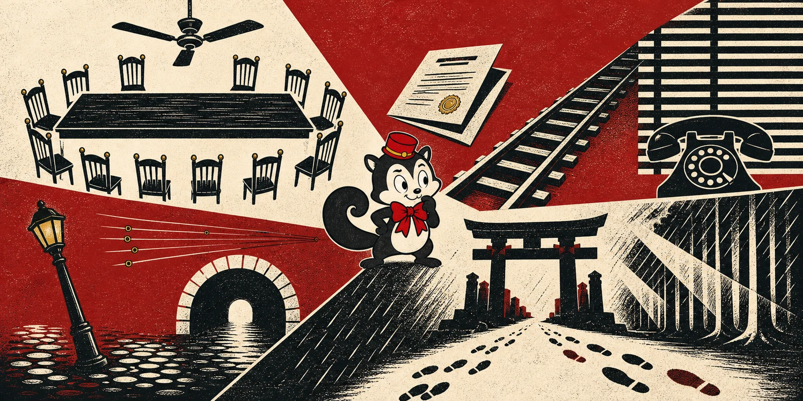 Momo at the center of an abstract woodcut of a jury table, insurance papers, a tilted street, and conflicting footprints