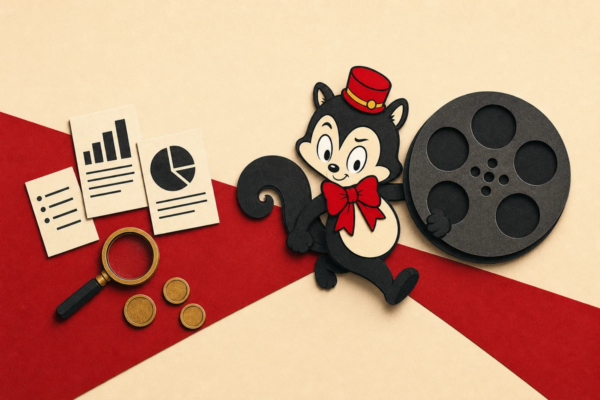 Momo crossing an abstract paper field from evidence cards, a magnifying glass, and coins toward a large film reel