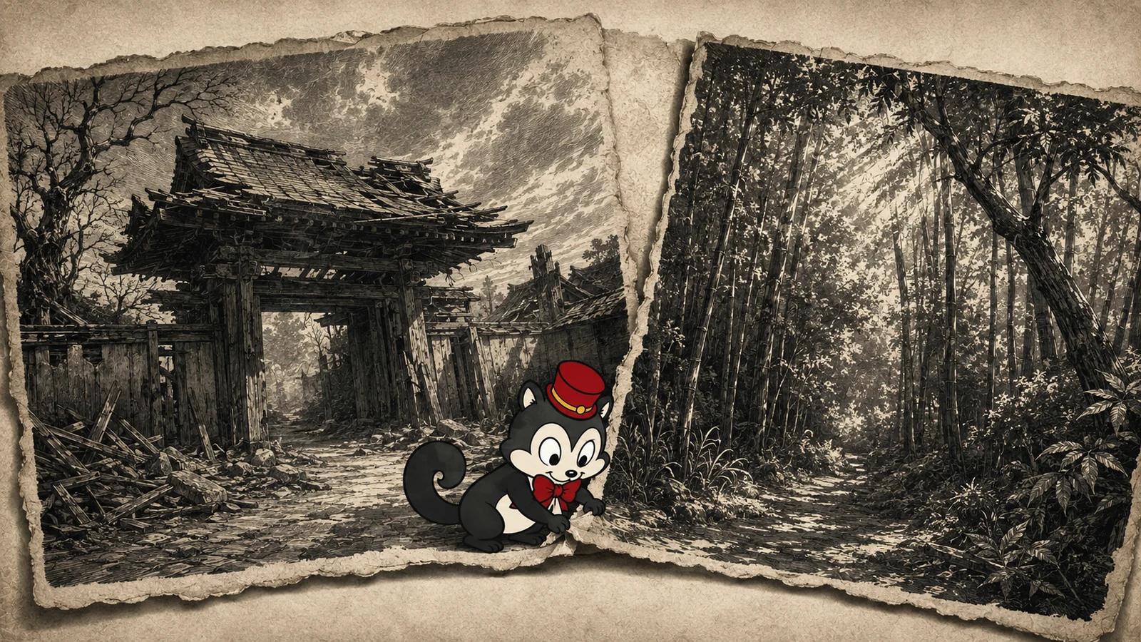 Momo brings together two paper stories, with a rain-soaked gate on one side and a sunlit grove on the other.