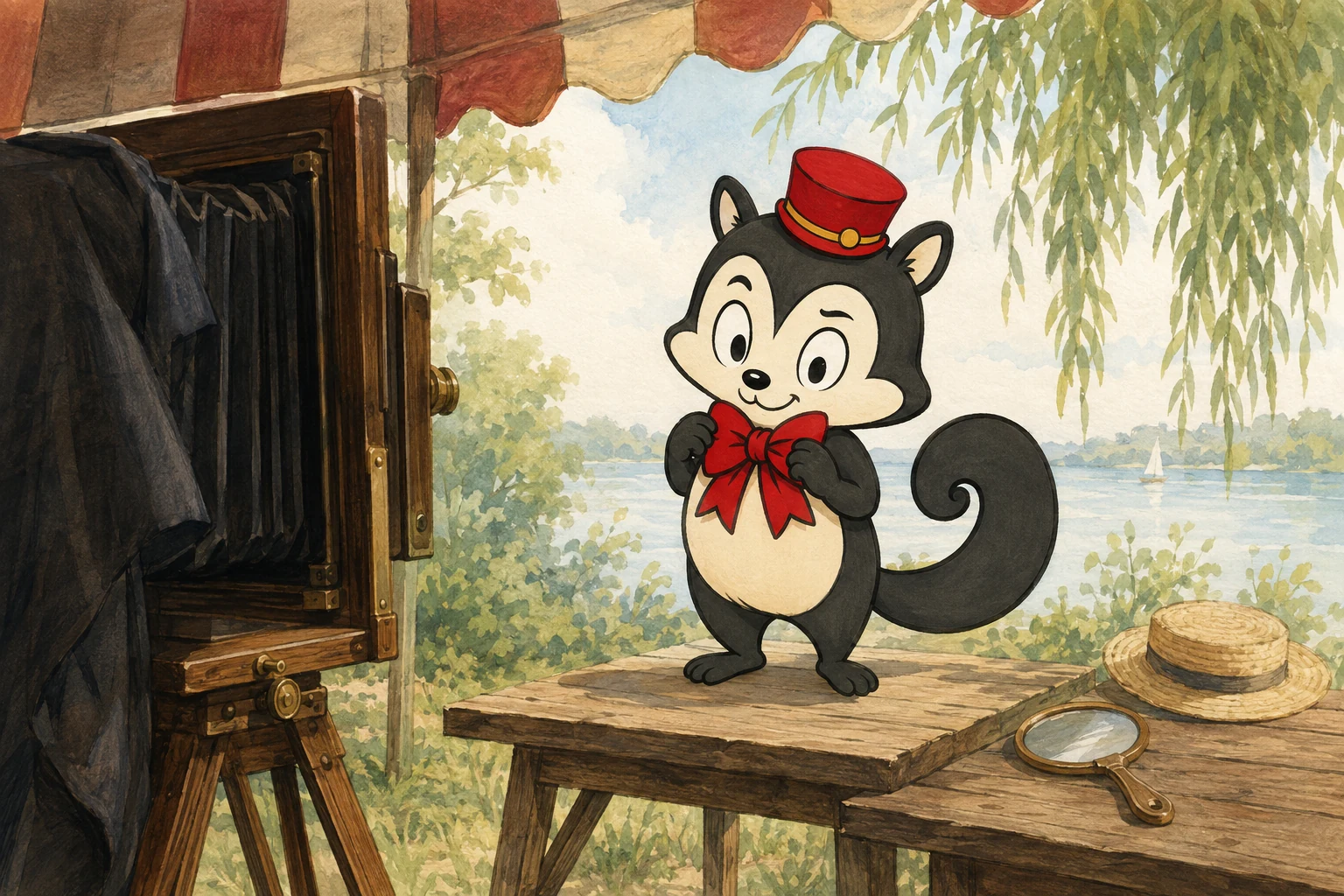 Momo straightens his red bow before a wooden portrait camera beside a lake; a hand mirror and straw hat rest nearby.