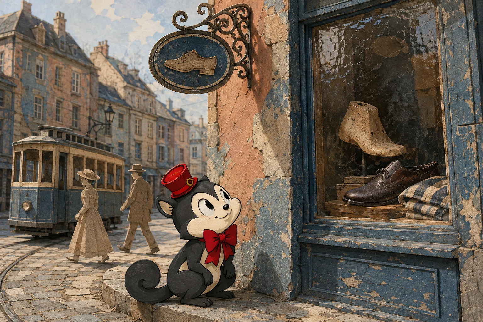 Momo looks into a weathered shoe-shop window while two pedestrians and a tram pass along the street behind him.