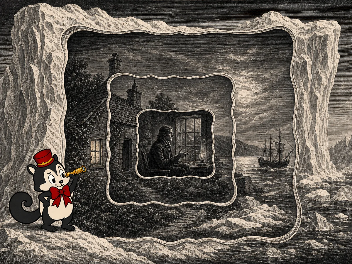 Momo studies nested Arctic, cottage and interior frames that place the Creature’s testimony inside other narrators