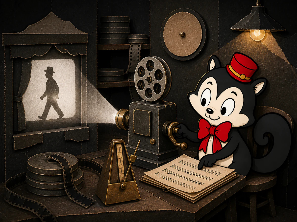 Momo hand-cranks a projector beside a metronome and musical cue sheets as a walking figure appears on screen