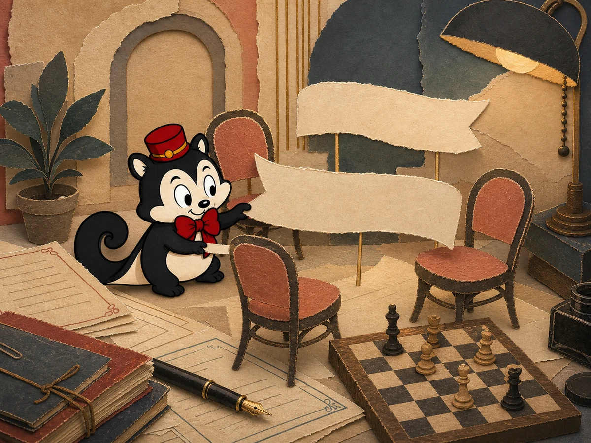 Momo arranges overlapping paper dialogue strips between three empty café chairs and a small chessboard