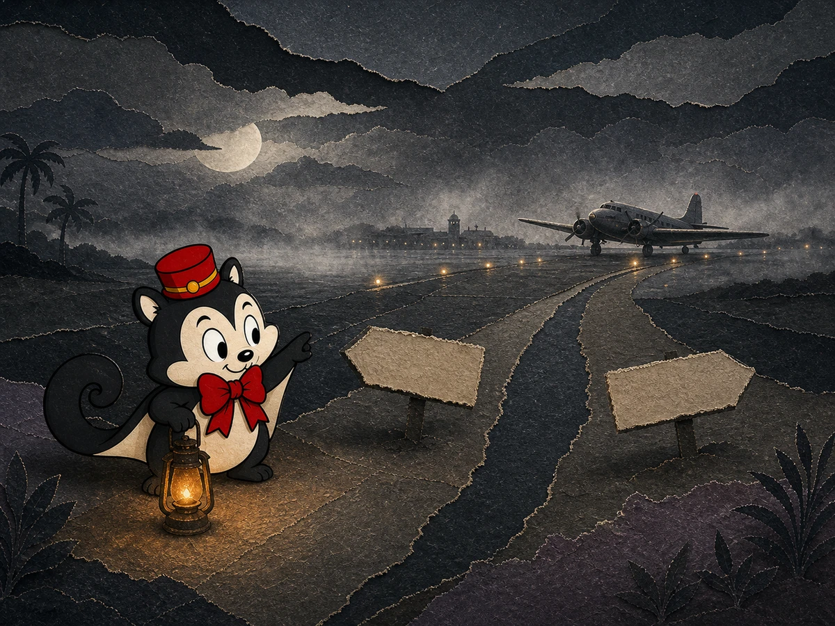 Momo holds a small amber lantern beside two diverging paper paths, transit papers and an aircraft in silver fog