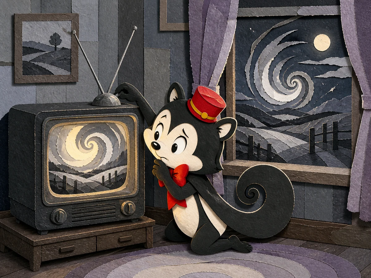Momo studies a glowing vintage television while its monochrome news image continues beyond the screen into a paper landscape outside the farmhouse window