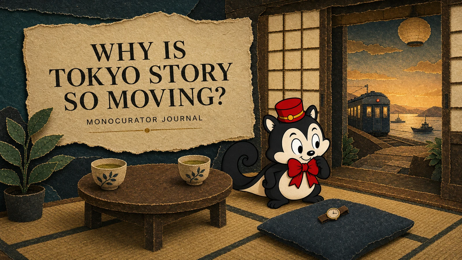 Momo sits beside two untouched cups and a watch while a train leaves a quiet coastal town