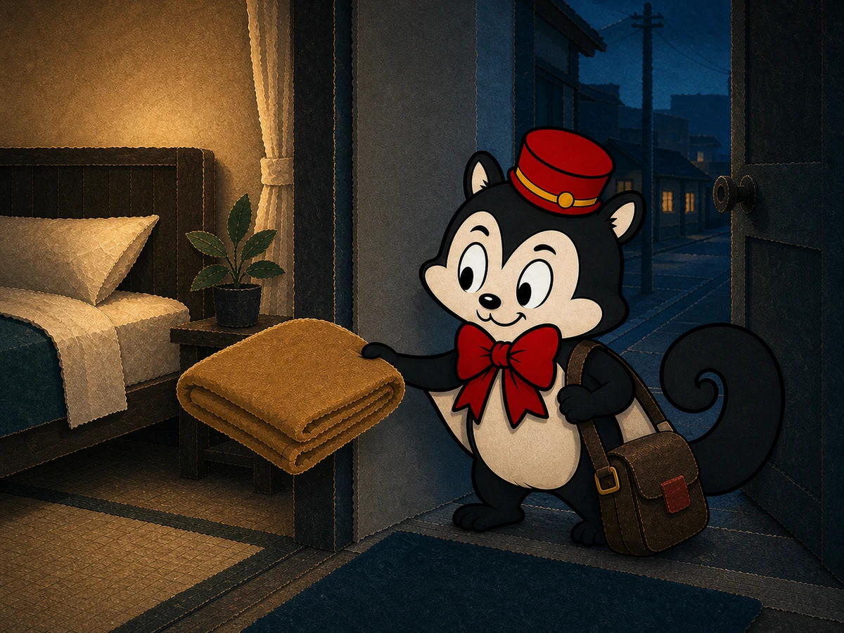 Momo arrives at a dark doorway carrying a work bag and offering a folded blanket to a warmly lit room