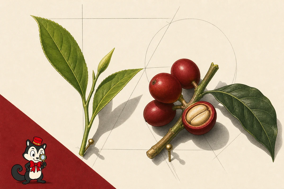 Young tea leaves and red coffee cherries arranged as an editorial botanical still life, with the coffee seed visible inside the fruit