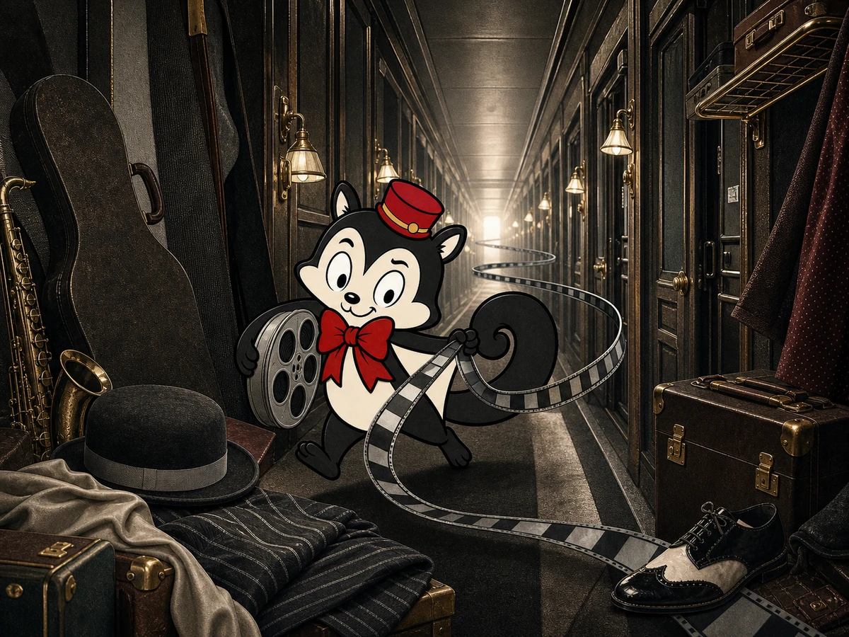 Momo guides a curling strip of black-and-white film through a deep 1929 sleeper-train corridor of fabric, newsprint and brass