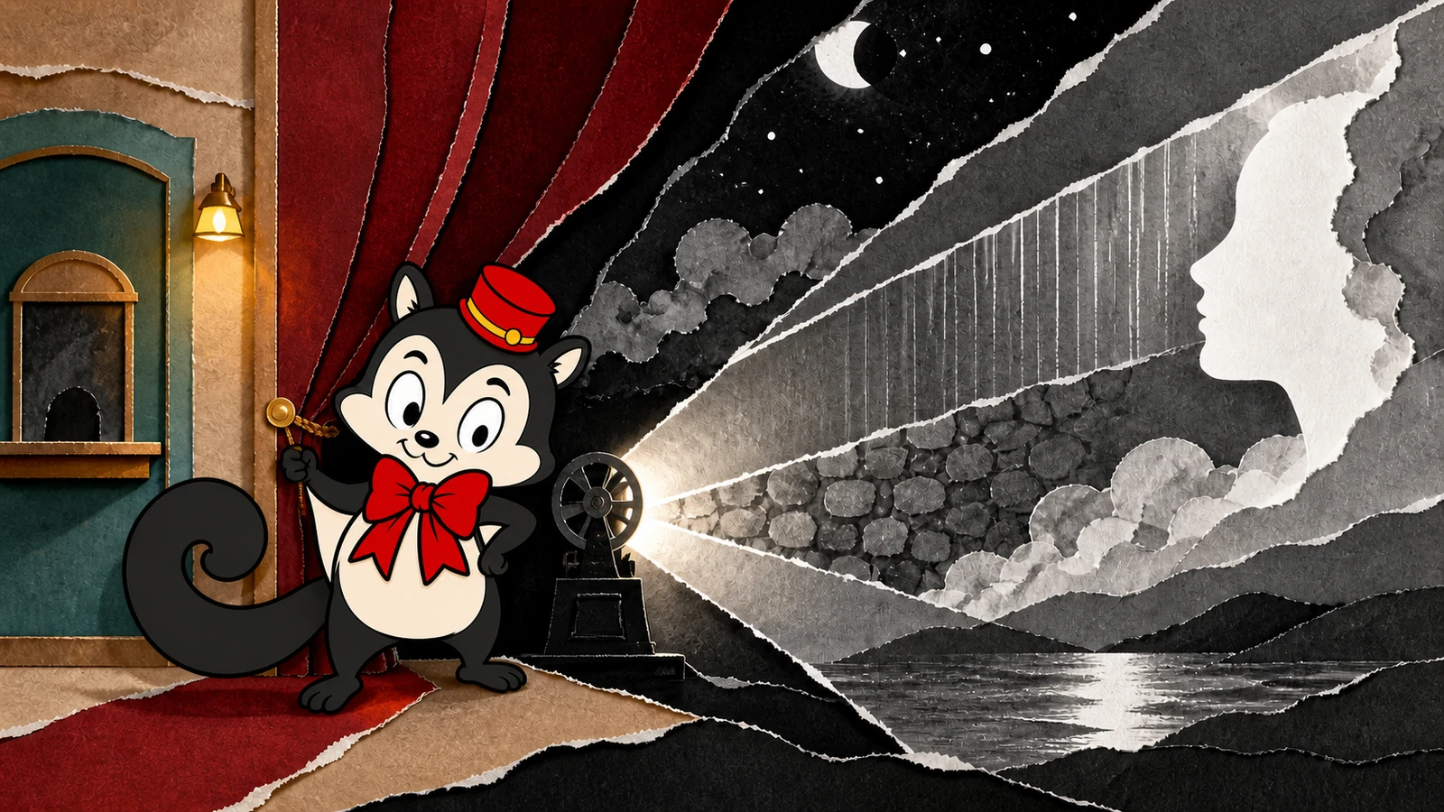 Momo steps through a paper cinema where black-and-white light turns ordinary objects into bold shapes and shadows