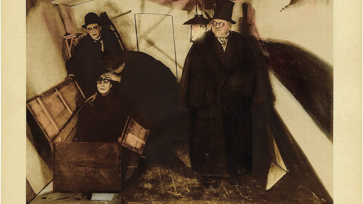 A Caligari lobby card shows Cesare in his cabinet amid distorted scenery and painted shadows.